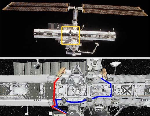 This graphic depicts the worksite at the S0 Truss for the Expedition 9 spacewalk.